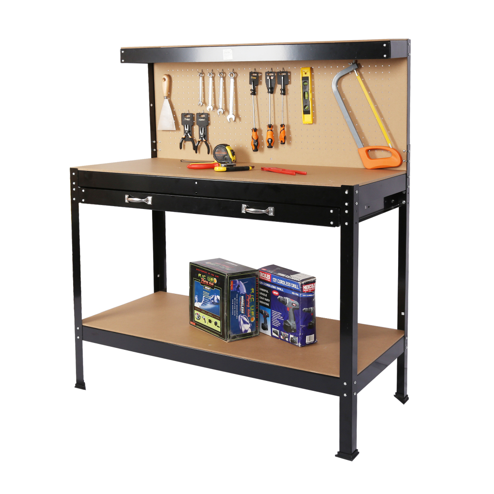 Workshop Tools Bench - Stahl-Werkbank mit Werkzeugaufbewahrung, Werkstatttisch mit Schublade