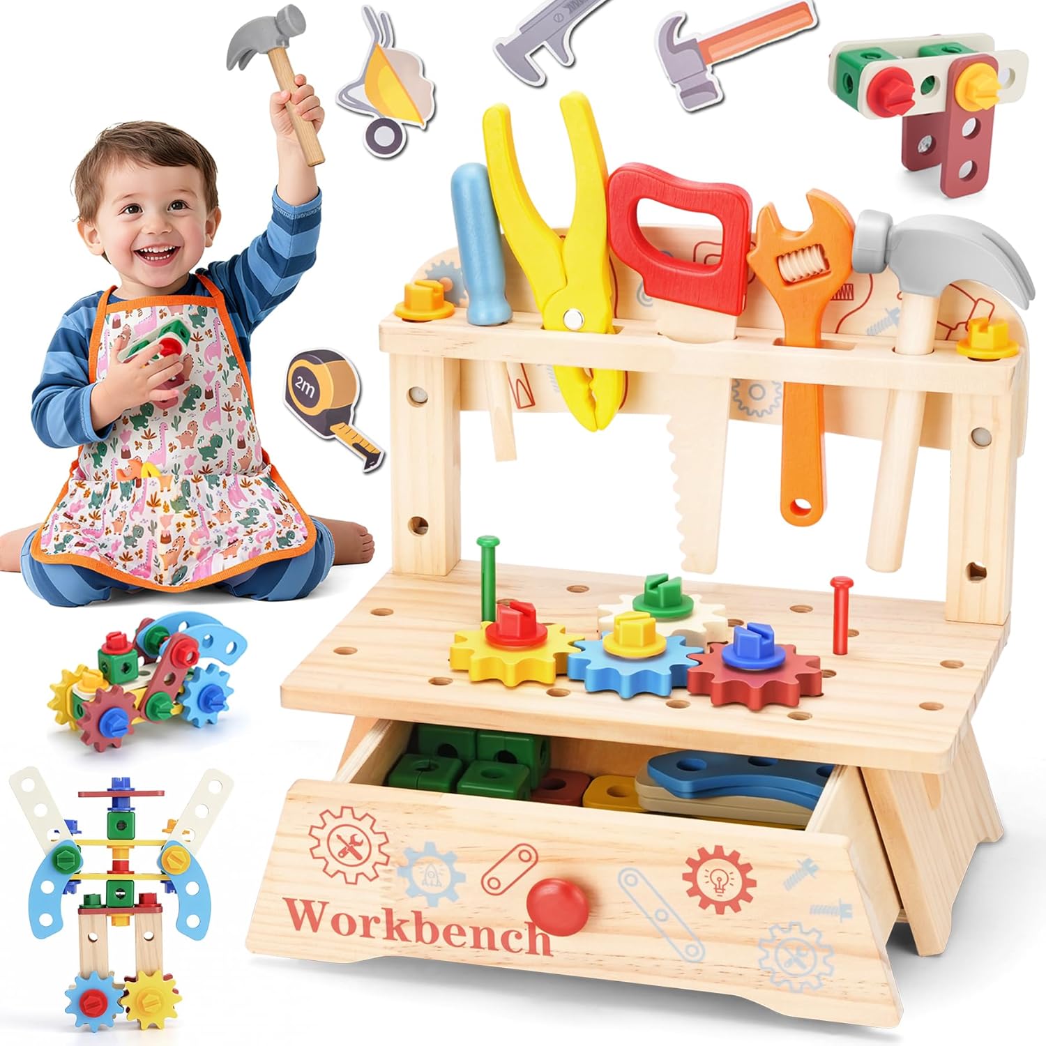 Workshop Tools Toy - Holzwerkzeugbank für Kinder, Montessori-Pädagogisches Rollenspiel-Konstruktionsspielzeug, Aktivitätsgeschenk,